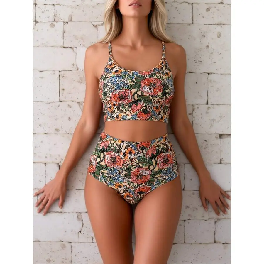 Floral Bikini Set Women Waisted - Two Piece Swimsuit Crop Top Bathing Suit Vintage Retro Swimwear Beach 80s Style