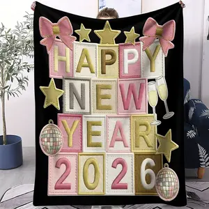 Cute Pet Print Flannel Throw Blanket with 2026 Happy New Year Theme, Soft and Comfortable All-Season Decorative Blanket