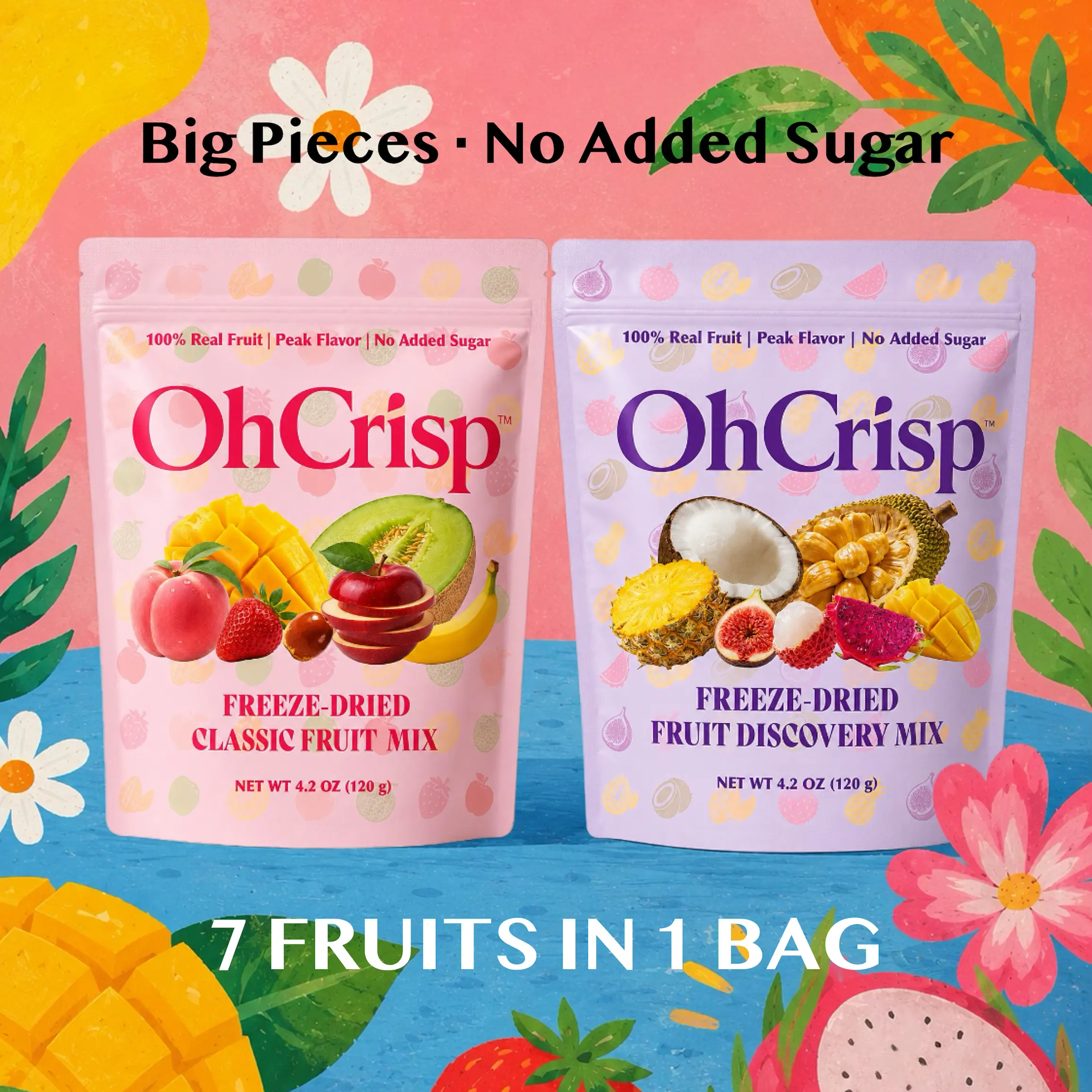 OhCrisp Freeze-Dried Fruit Mix | 7 Fruits in 1 Bag, No Added Sugar, Selected Varieties, Ripened-Picked, Healthy Dried Snack (In 2 Mixes: Strawberry, Mango, Coconut, Pineapple, Apple, Peach, Banana, Jujube, Melon, Fig, Jackfruit, Dragon Fruit, Lychee)