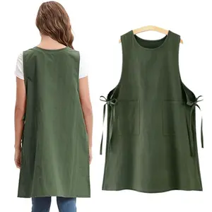 's Apron (Cotn-like) - Large Full-Coverage Kitchen Apron with Pockets & Adjustable Waist Tie, Heavy-Duty Baking Apron for, Housewife, Chef (Olive Green/Blue/Grey/Beige) - Size