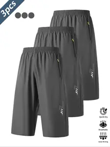 3-piece set, men's sports and casual shorts, elastic waistband design, comfortable to wear, with 2 zippered pockets, 3/4 length knee high shorts, suitable for daily summer and fitness activities, outdoor hiking, running, and cycling.