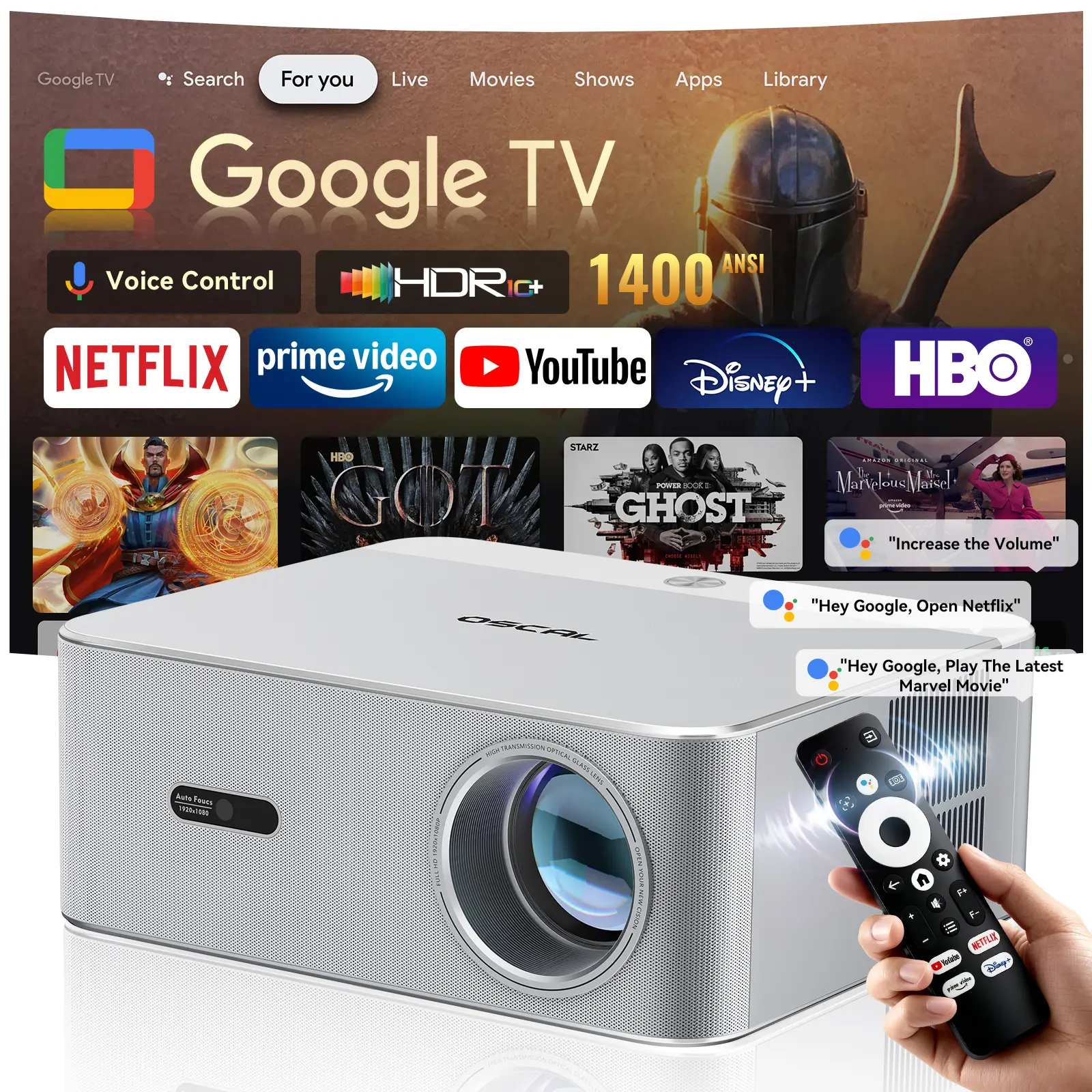 4K Projector with Google TV, 1400 ANSI Lumens, 200" Giant Screen, WiFi 6 & Bluetooth, Auto Focus, HiFi Speakers, Home Theater Projector for Indoor & Outdoor Use, Compatible with iPhone, Android, PC & TV Stick