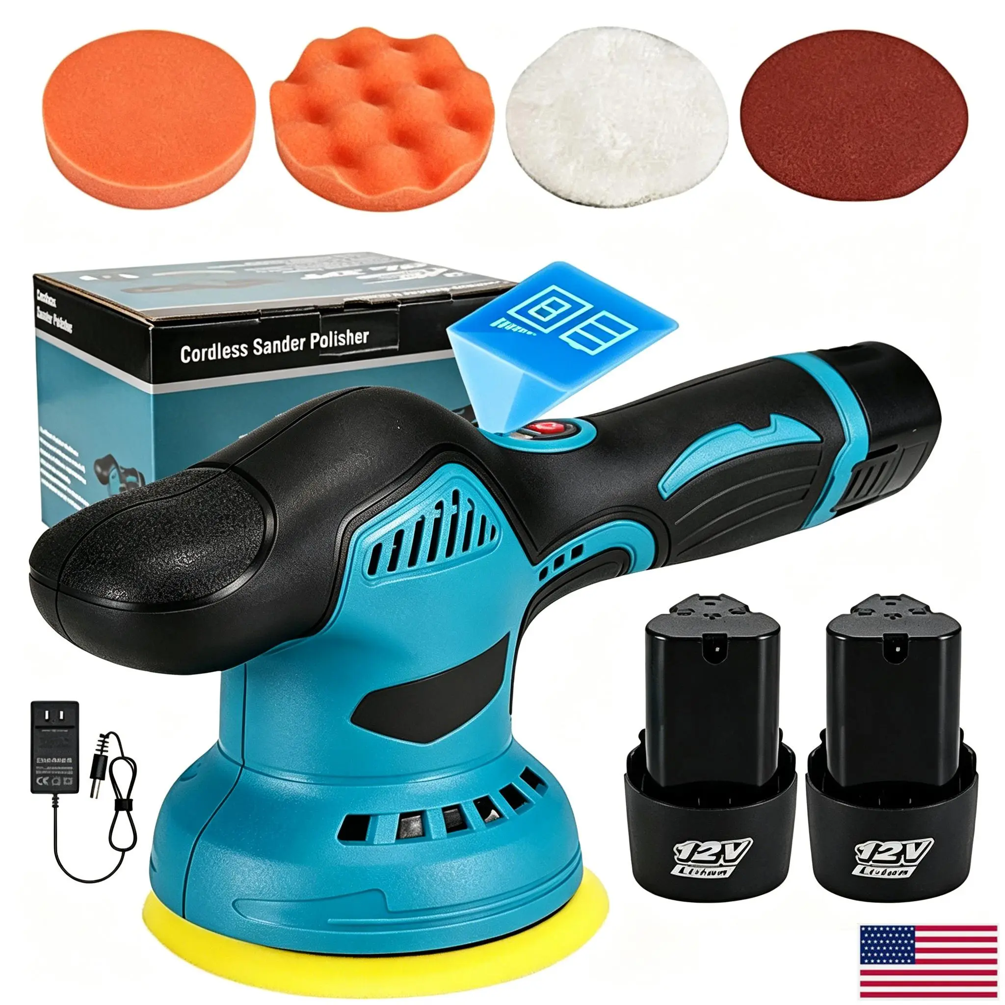 5” Cordless Buffer Polisher, 12V Rechargeable with 2 Batteries, 8 Variable Speeds Lightweight Anti-vibra. Tool for Cars/Boats, Quick-change Wax/Grind Disc Compatible
