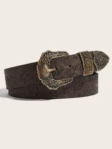 Men's Solid Color Embossed Print Belt, Vintage Western Cowboy Style, Alloy Textured Buckle, Perfect for Jeans & Casual, Boho Style Belt