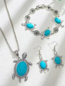 Women's Boho Style Turquoise Texture Turtle Design Jewelry Set Including Necklace & Bracelet & Dangle Earrings, Vintage Trendy Jewelry Set, Fashion Accessories for Women & Girls