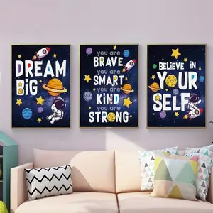 3 Pieces Optional Wooden Frame Baby Astronaut Spaceship Planet Number Letter Nursery Wall Art Canvas Painting Wall Poster And Print Picture Kids Room Decor HD Giclee Wall Poster Physical Photo Frame Adaptable Poster