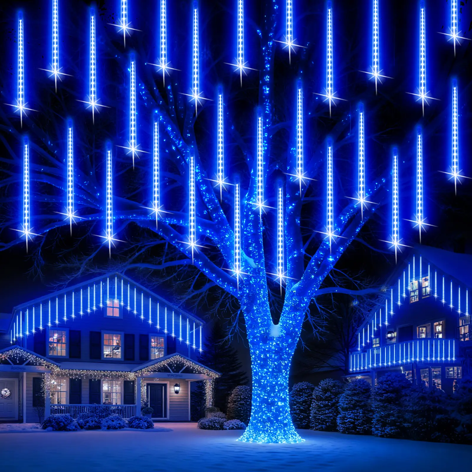 PEMOTech Indoor/Outdoor Decorative Light,Garden LED Light ,24tubes 30cm 576 Led Meteor Shower Lights, Waterproof Christmas Decorations Icicle Light for Christmas Trees Halloween Party, Ul Plug