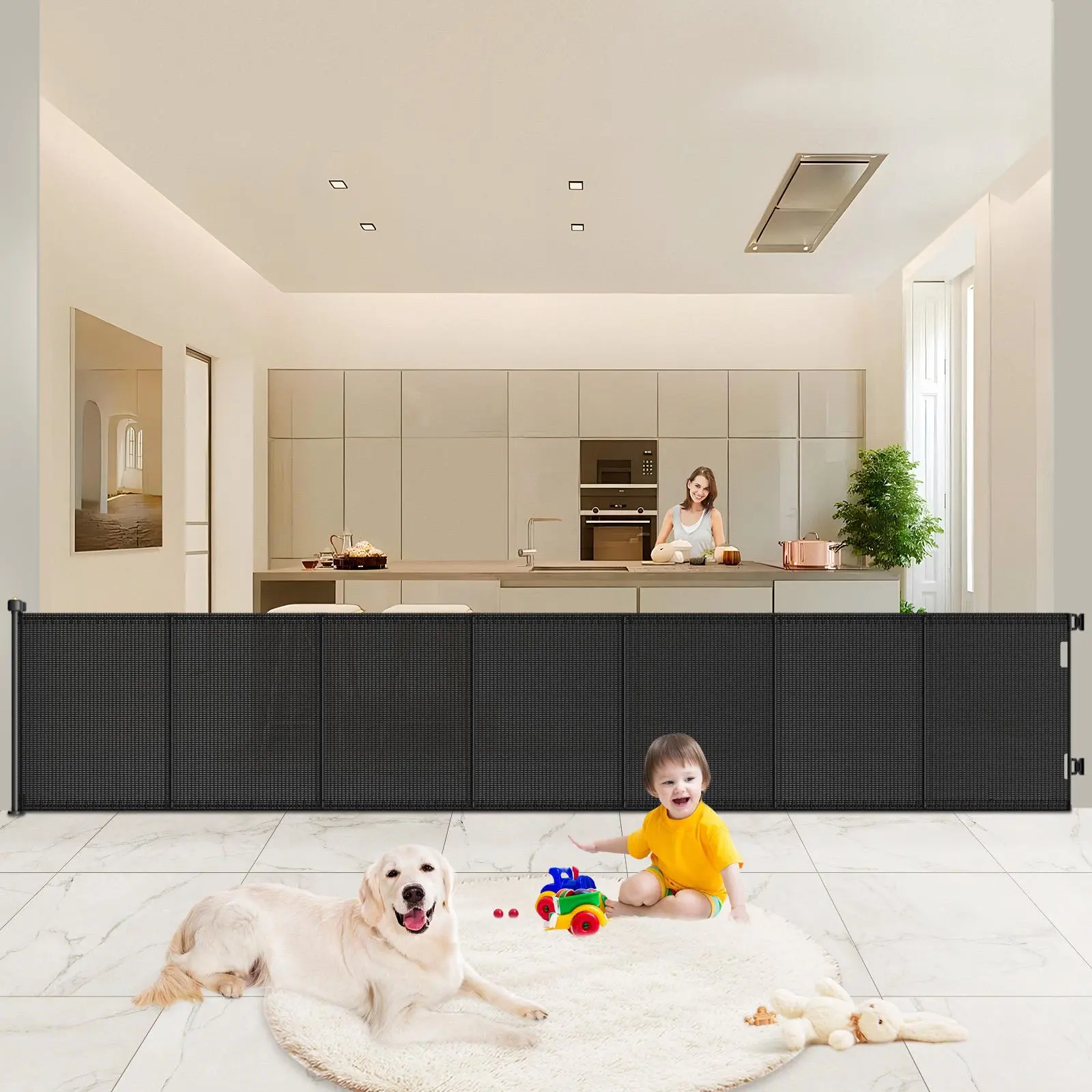 Pawtners Heavy Duty Retractable Dog Gate & Baby Gate, Extra Tall Mesh Barrier for Indoor Outdoor Use, No Door Frame Blocking Safety Gate for Stairs, Patios, Hallways and Large Spaces