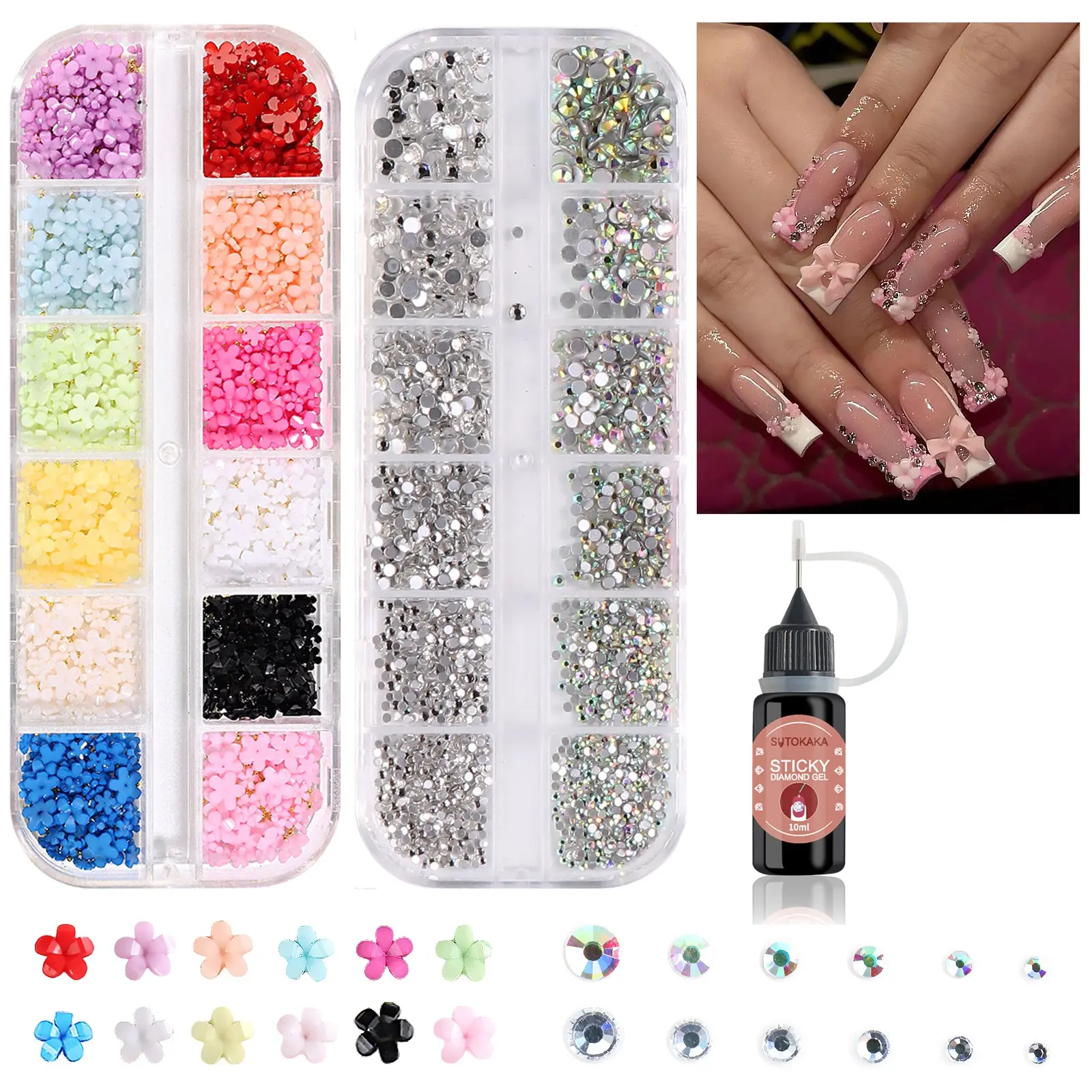 3D Flower Nail Charms Rhinestone Gems Kit Acrylic Floral Nail Art Charm Crystal AB Flatback Diamond Beads with Glue Gel for Manicure Design Face Eyes Makeup Jewelry Crafting