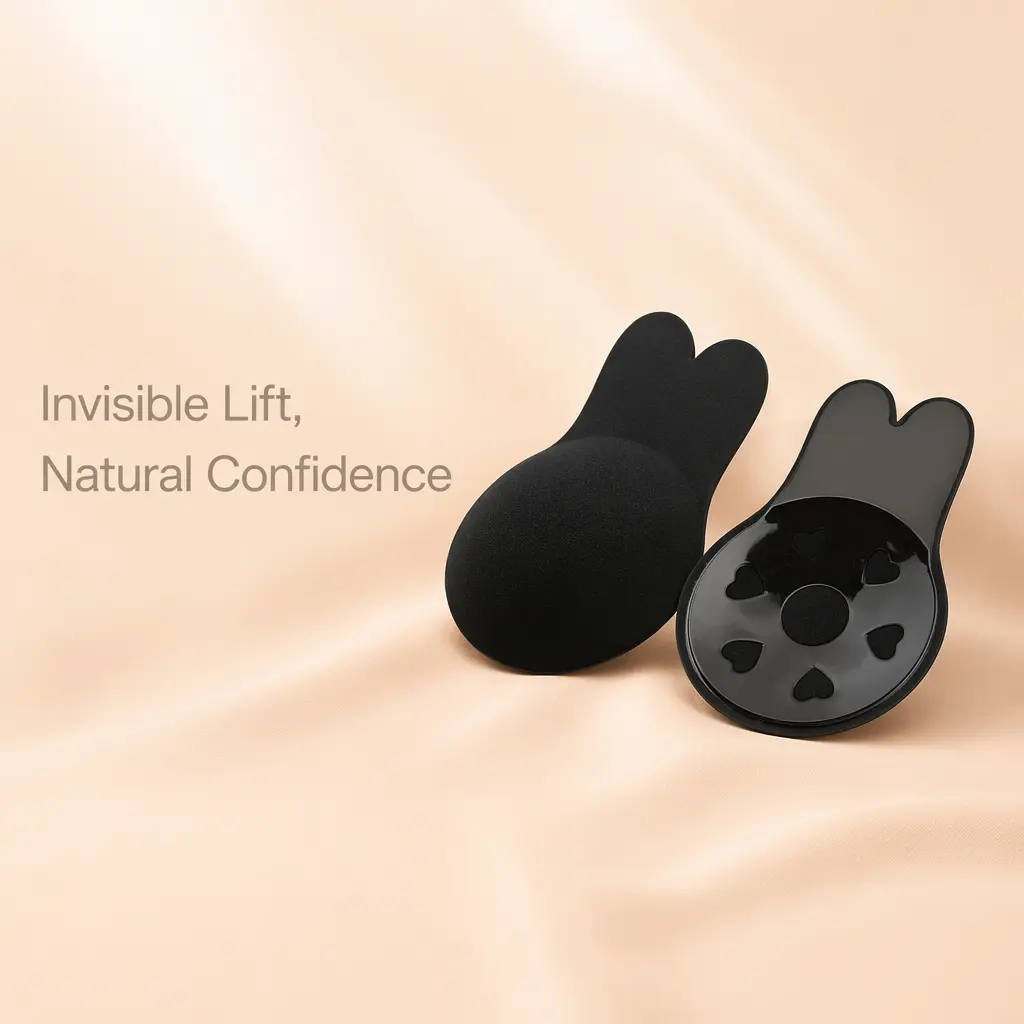 2 Pairs Rabbit Ear Invisible Breast Lift Tape, Nude & Black Heart Hollow Ventilated Adhesive Nipple Covers, Reusable Skin Safe Bio-Glue Anti-Slip Breast Lifts, Waterproof Sweatproof Strapless No Bra Pads for Wedding Dress Evening Gown Low Cut Outfits