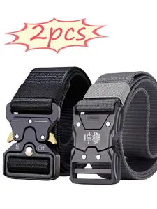 2pcs Men's Adjustable Tactical Belt, Quick-Release Buckle Outdoor Nylon Work Belt, Sporty PU Material, All Seasons Use, Textured Belt