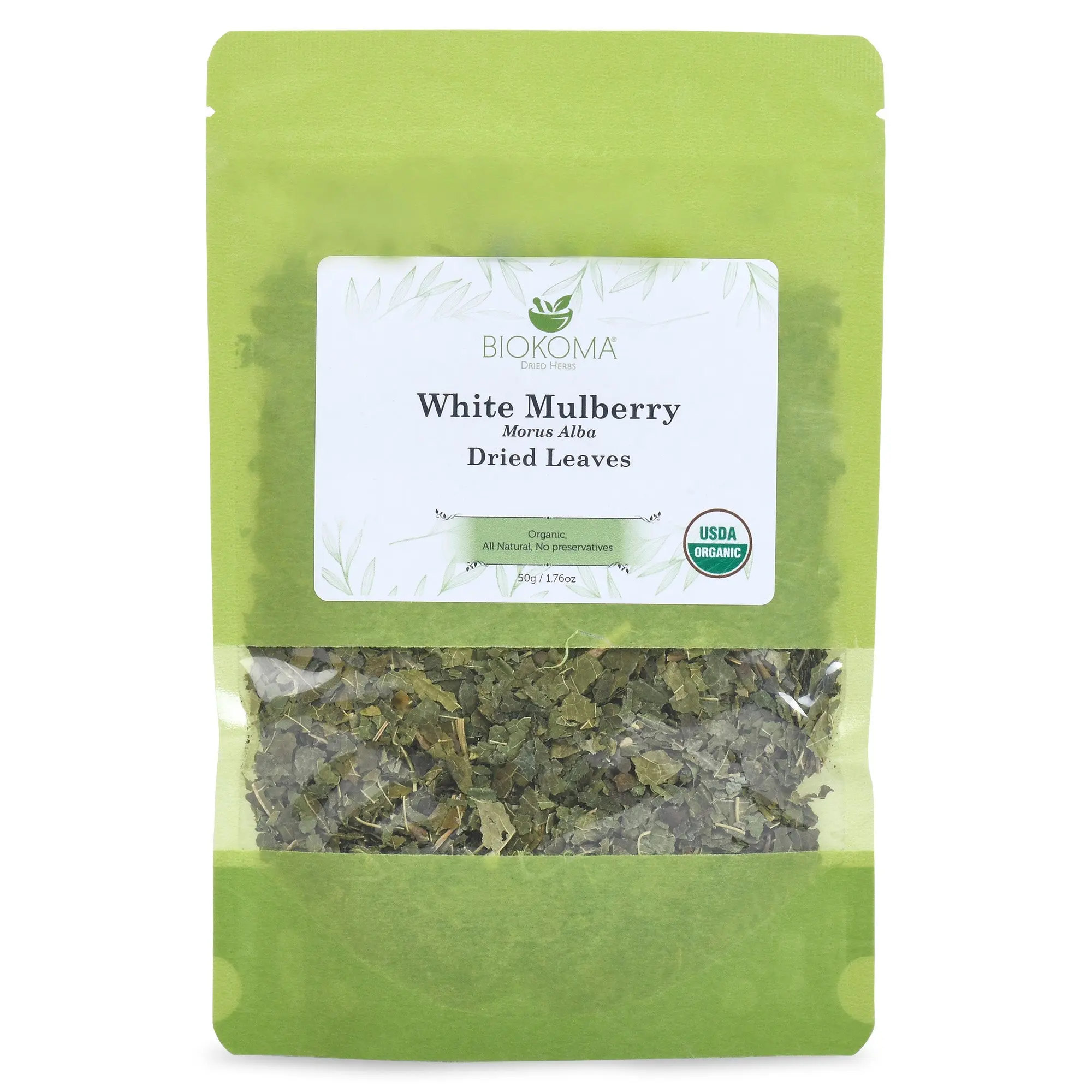 Biokoma Pure and Organic White Mulberry Dried Leaves 50g (1.76oz) In Resealable Moisture Proof Pouch, USDA Certified Organic - Herbal Tea, No Additives, No Preservatives, No GMO, Kosher