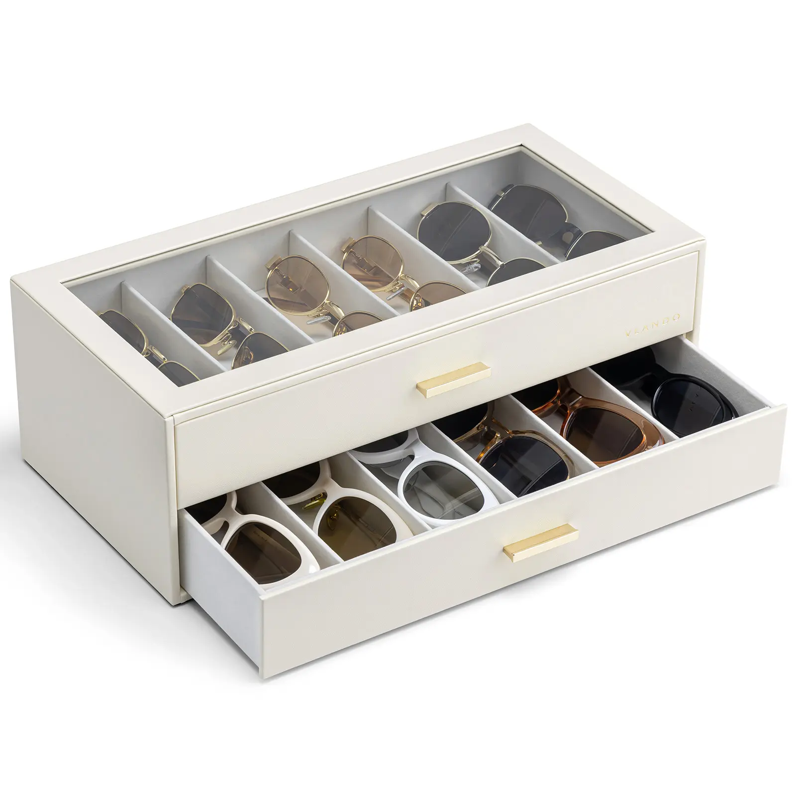 VLANDO 12-Grid Sunglasses Organizer Case, 12-Slot Eyeglass Storage Box with Clear Lid and 2 Drawers, PU Leather Glasses Holder for Women and Men, bedroom  organizer summerwins,dorm essentials,home decor