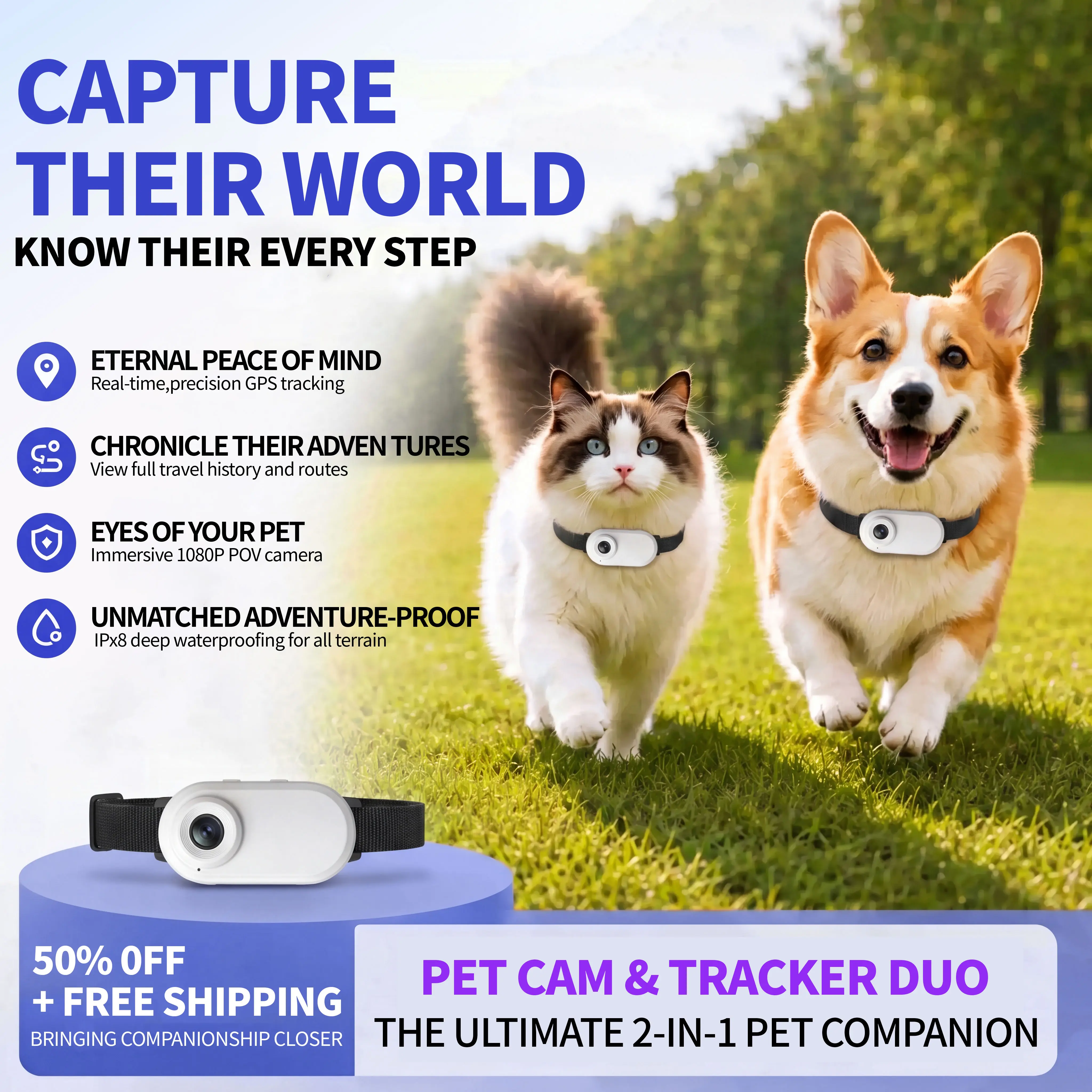 Smart Pet Collar Camera with GPS Tracker – HD Pet POV Action Cam & Anti-Lost Location Finder for Dogs & Cats, 1080P HD | Free 32G SD Card + OTG Reader for Phone & PC | Magnetic Clip, Silicone Case | USB-C Fast Charge | Outdoor Travel Pet Gear