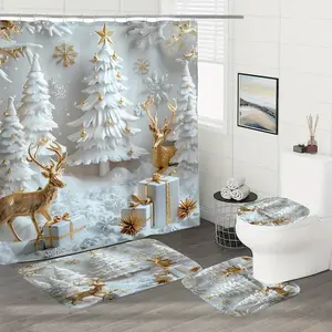 1/4 pc Luxury Christmas Theme Set with Christmas Tree and Snowman Patterns, Exquisite Shower Curtain Set, Non-Slip Mat, U-Shaped Rug, Toilet Seat Cover, Perfect for Bathroom Decor, Beautifies the Space, Includes 12 Shower Curtain Hooks