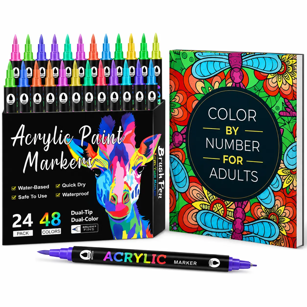 Paint by Numbers Art Book with 48 Color Marker Set – Flowers, Animals, Mandalas, Nature & Landscape Designs (Adult-Friendly)