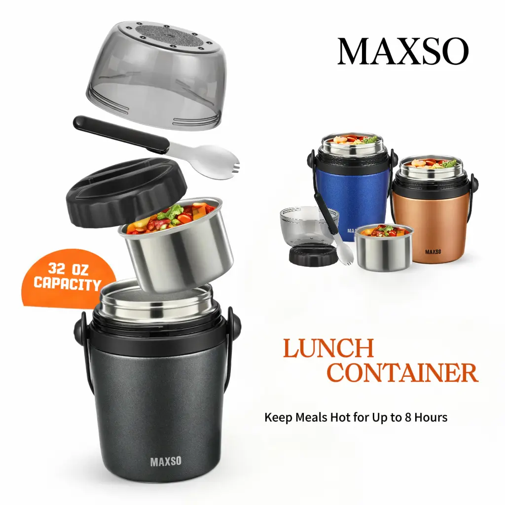[Summer wins] MAXSO Soup Thermo for Hot Food 32 OZ Lunch Container for Adults Vacuum Insulated Stainless Steel Tritan Food Jar Leakproof Wide Mouth Bento Box with Spoon Cartoon Pattern Set lunch  box  soup  container Bowl Detachable