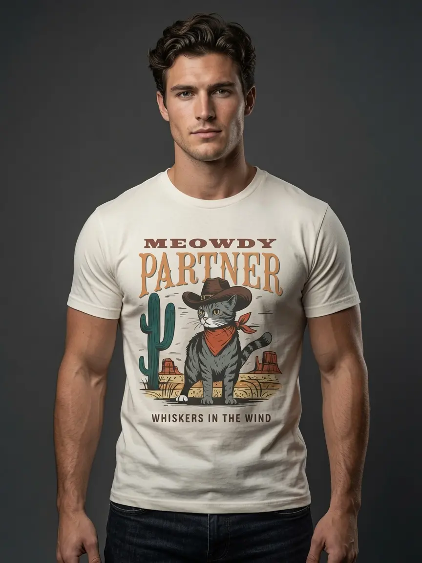 Meowdy Partner Cat Shirt, Funny Cowboy Cat Western Graphic Tee, Cute Country Cat T-Shirt, Retro Desert Animal Shirt, Gift for Men & Women
