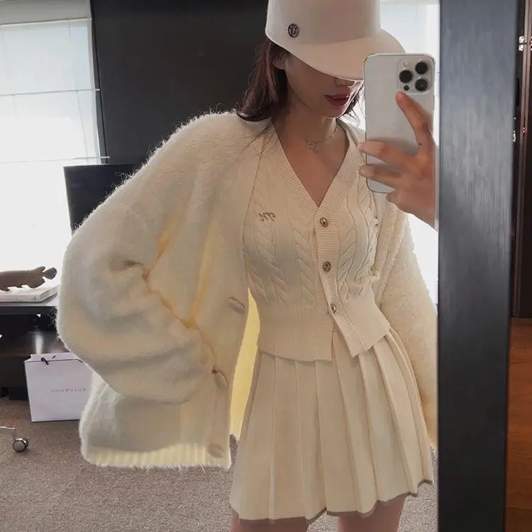 white Women's Cable Knit Cardigan & Pleated Skirt 2-Piece Set