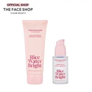 THE FACE SHOP Rice Water Bright Routine Kit - Foaming Cleanser & Vegan Serum for All Skin Types, Korean Skincare