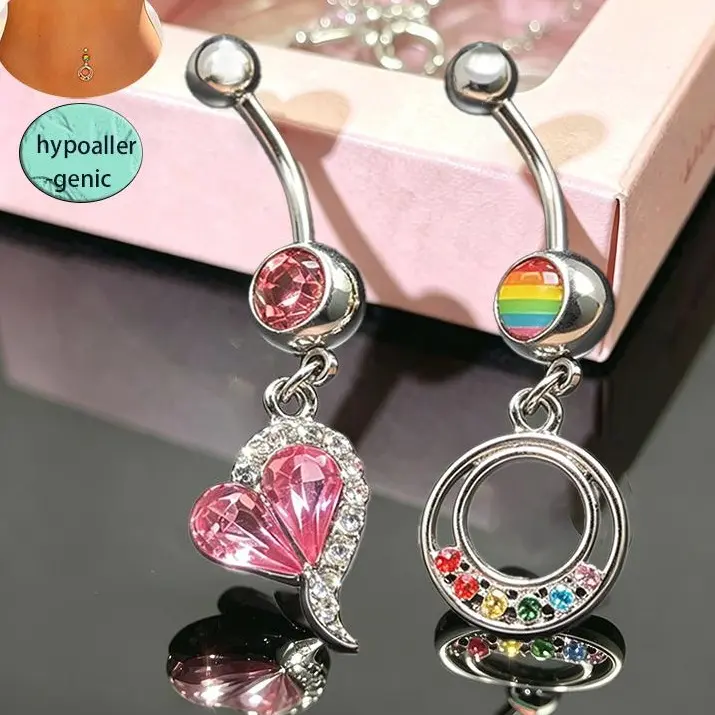 2PCS 316L Surgical Stainless Steel Belly Button Rings Set - Women's 14G Floating Navel Belly Ring Kit with Rainbow & Pink Heart Designs Belly Rings Body Piercing Jewelry