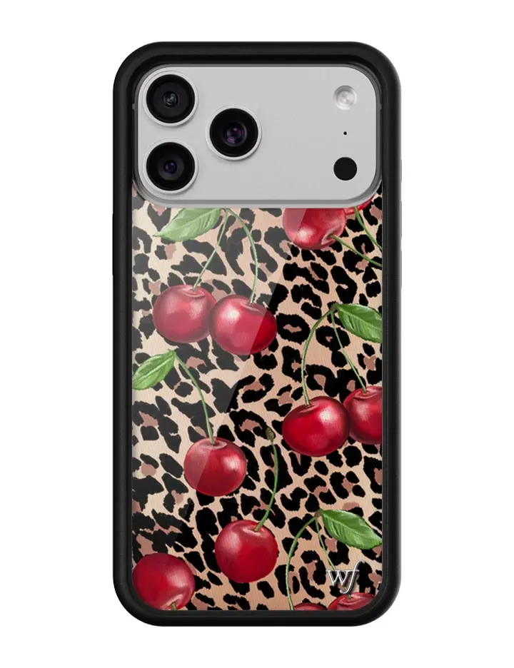 Ming Lee Collab | Limited Edition Trendy Collaboration iPhone Case | Raised Protective Black Bumper | Women Owned Small Business | Black and Brown Cheetah Print Background Vibrant Red Cherries Green Leaves | Safety Casing Protective | Gift for Her