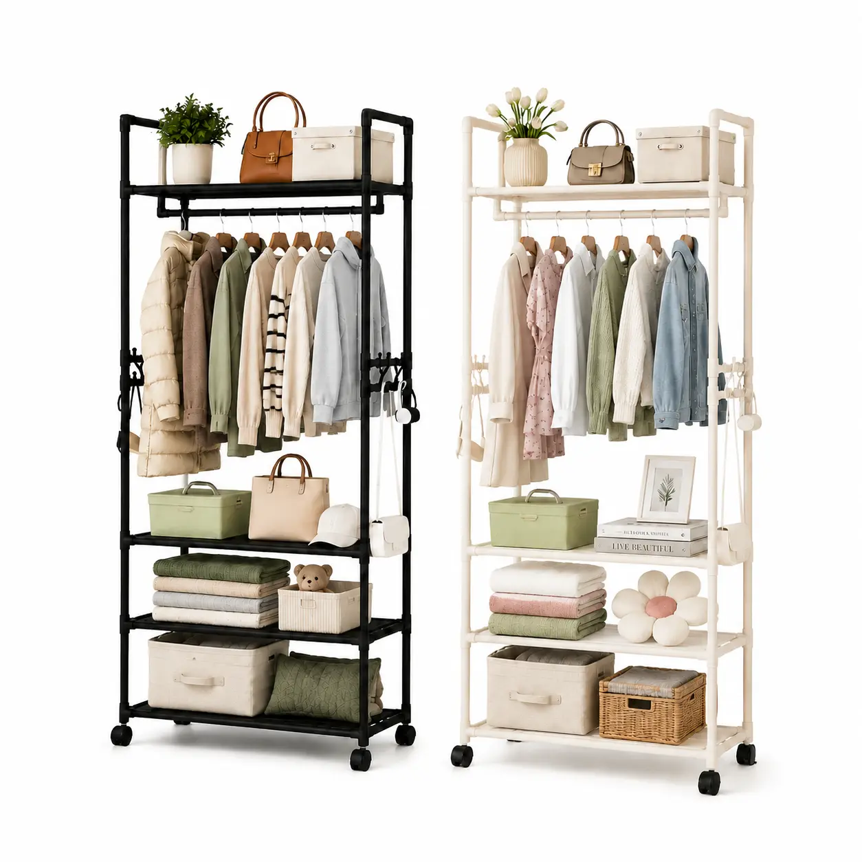 Rolling Garment Rack with Shelves, Portable Closet Organizer with Wheels, Space Saving Clothes Storage Rack for Bedroom & Laundry Room