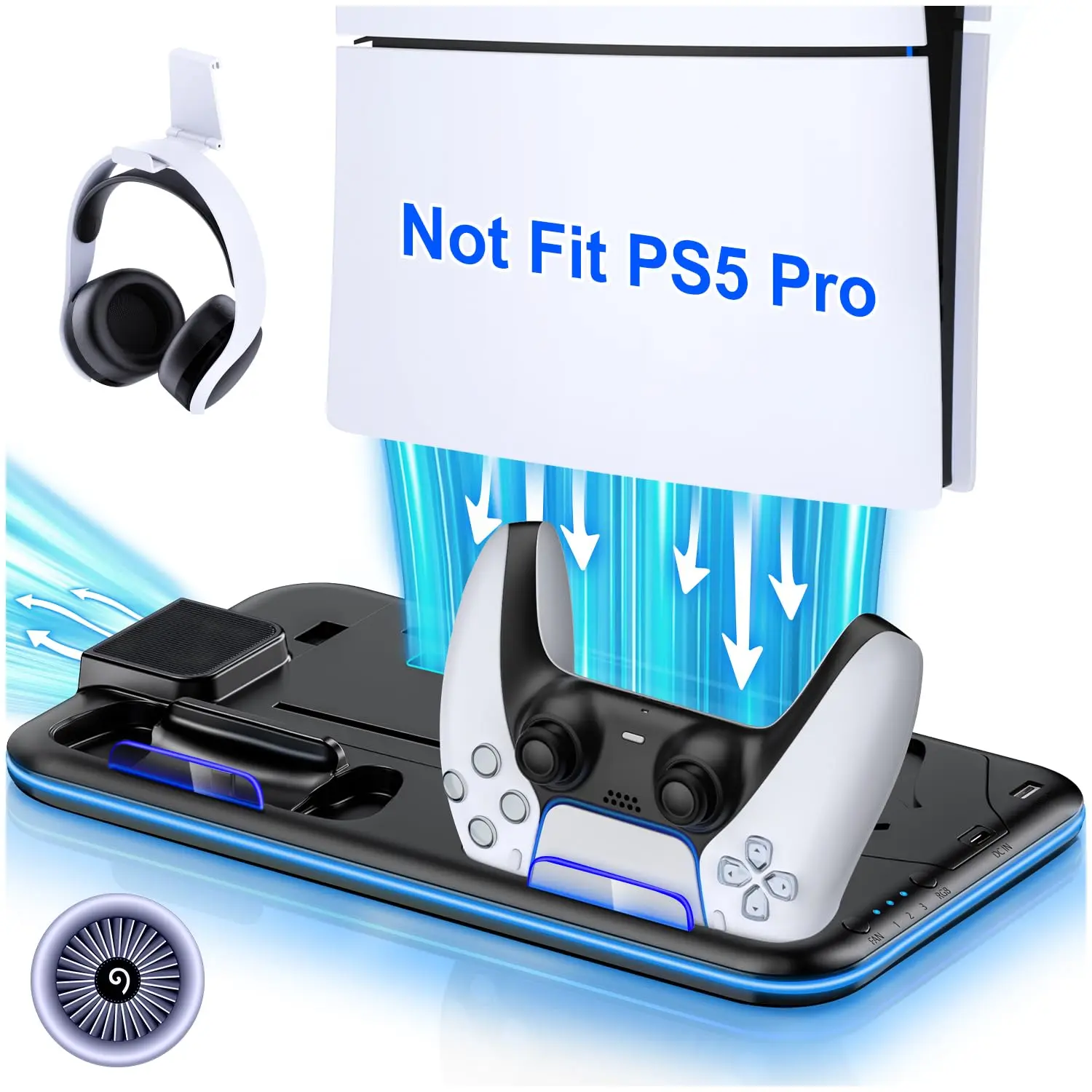 ESYWEN NinJoyGo PS5 Stand, PS5 Cooling Station with Controller Charging Station for PS5/PS5 Slim Disc Digital Console, PS5/PS5 Slim Accessories-Cooling Fan, Headset Holder, 15 Game Slot for PlayStation 5