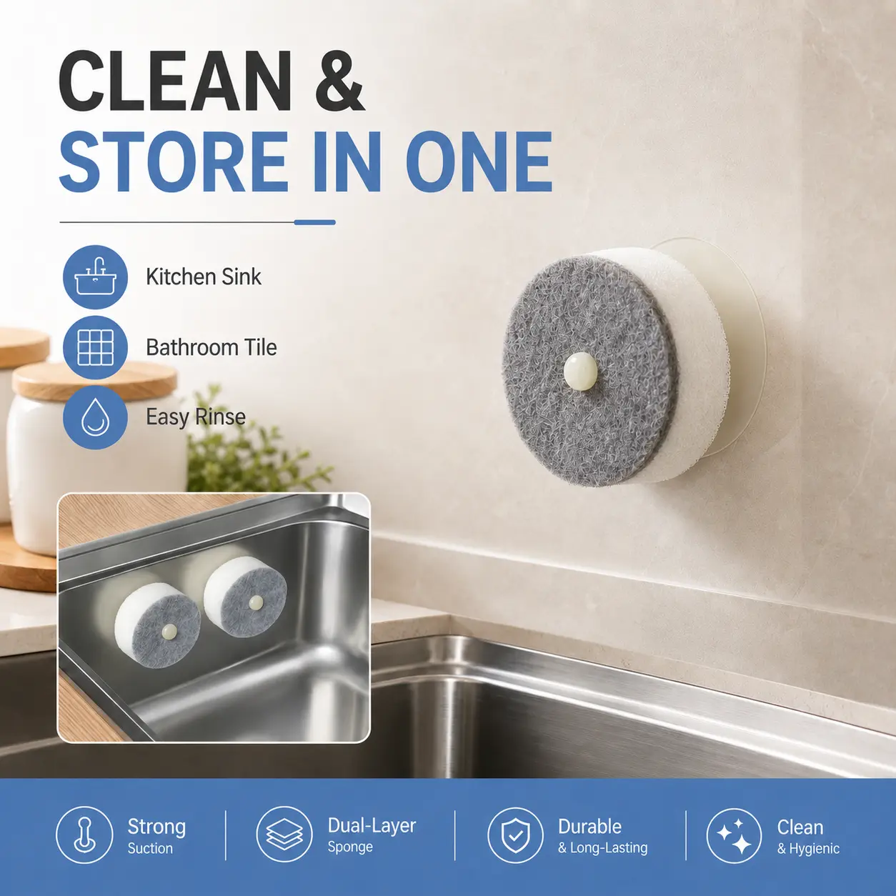 Thick Absorbent Kitchen Dish Cleaning Pads, Heavy Duty Non-Scratch Pot Scrub Sponges, Multi-Purpose Magic Eraser Stain Remover Sponge, Reusable Round Suction Cup Cleaning Sponges For Cookware, Dishes, Sink, Bathroom Household Cleaning