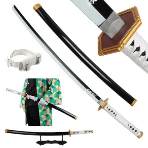 ELERVINO 1 x Cosplay Demon Slayer Sword Sabito, 41in Bamboo-Wooden Dull Plastic Blade with 1 x White Belt & Holder Stand, 1.1 lb Toy Sabre for 12+ Years Old Halloween Anime Role-Playing Props Collection Decoration