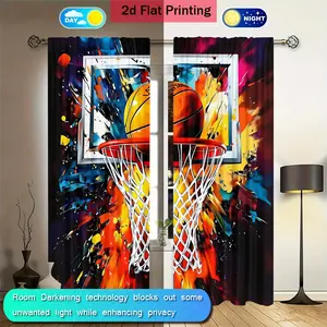 2 Piece Basketball Pattern Digital Print Curtains, Home and Office Decor, Multifunctional, Light Filtering, Rod Pocket, Hand Washable, Window Curtain, Room Decor Curtain