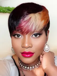 Short Pixie Cut Premium Human Hair Wigs Natural Look Short Layered Bangs 1B Red Blonde Colorful Lightweight Machine Made Wigs for Women