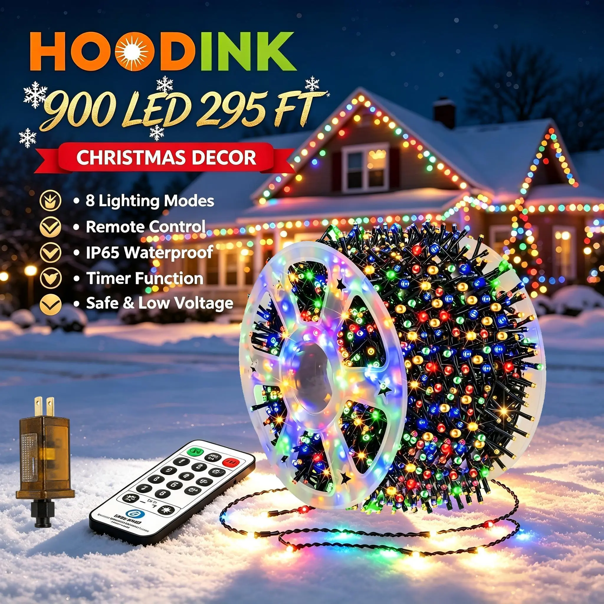 Hoodink 900-LED 295ft Fairy Christmas Light String - 8 Modes, Timer, Remote Control - Outdoor Indoor Decorative Lights, Courtyard, Garden Patio Decor, Decor for Weddings, Decorations Supplies,home decor