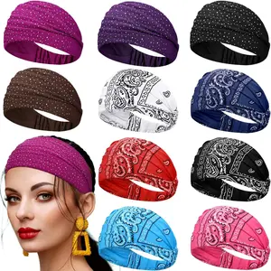 10 count Wide Bandana Headbands for Women Non Slip Paisley  Hairband Elastic Boho Bling Rhinestone  Wrap Stretchy Turban Bandana Hair Accessories for  Yoga Gym Workout