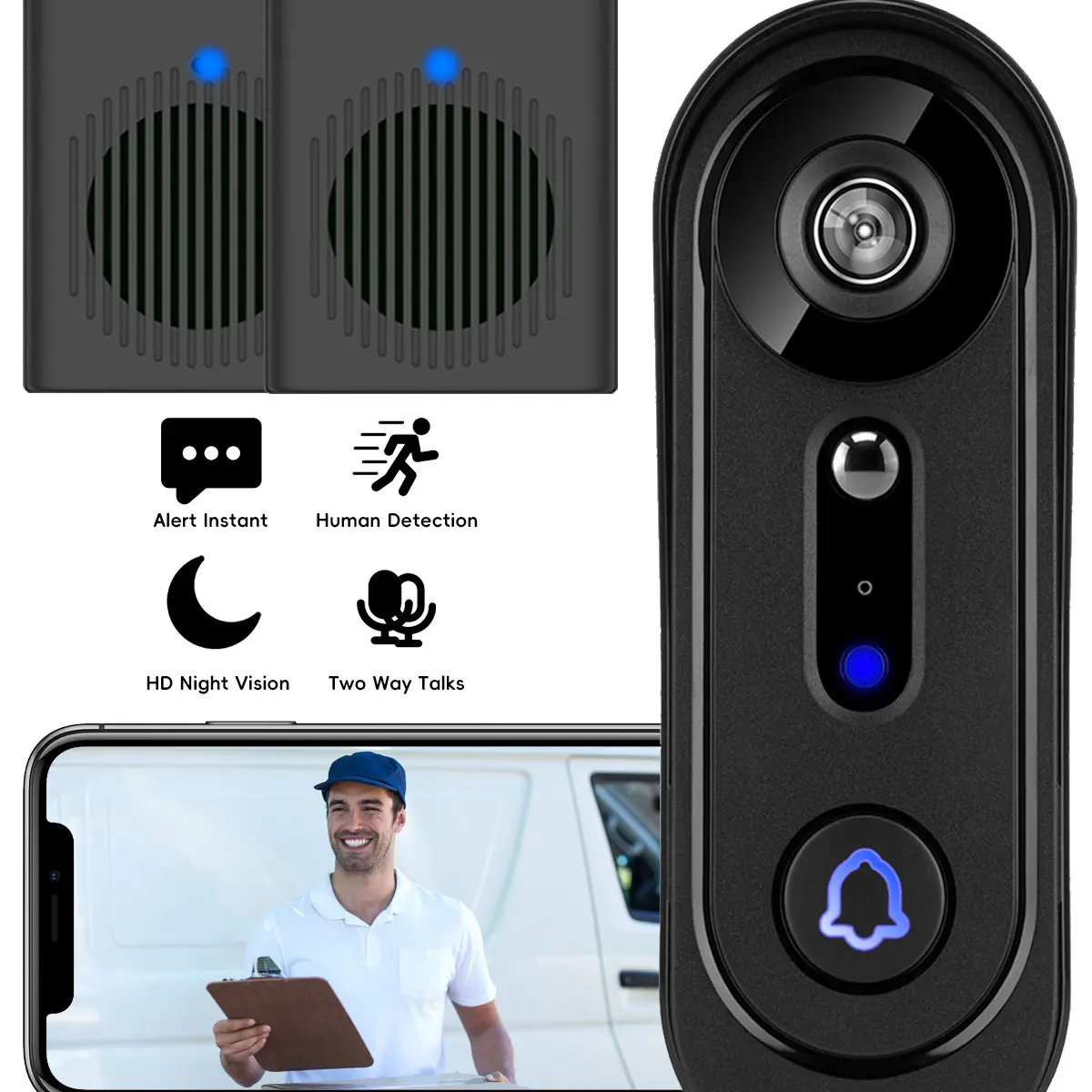 Wireless Video Home Security Doorbell Camera with 2 Indoor Wireless Chimes, Smart Pir Motion Detection, Real-Time Alarm Notifications, 1080P Night Vision, Wifi Smart Doorbell Video Doorbells