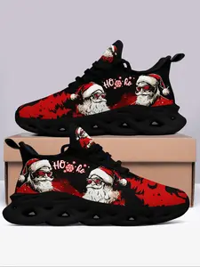Men's Cartoon Santa Claus Print Blade Sole Lace Up Low Top Sneakers, Casual Comfortable Breathable Sports Running Shoes, Male All-match Round Toe Shoes for Daily Wear