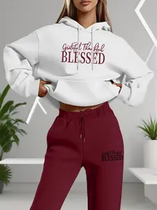 Valentine's Day Thin Fashion Long Sleeve Hoodie with Pockets + Colorful Pants Set, Casual Letter Print, Women's Two-Piece Tracksuit Suit, Sweatsuit with Pockets