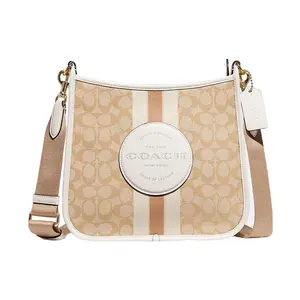 COACH Dempsey 27 Striped Logo Patch Classic Monogram Jacquard and Pebbled Leather Tote Bag for Women, Light Khaki and White