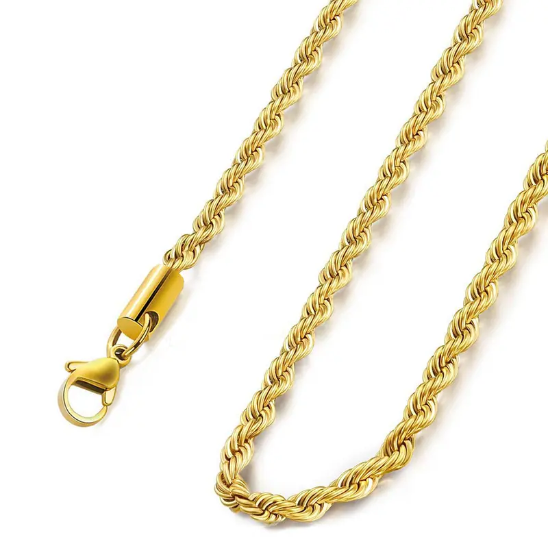 18 Karat Gold Plated Rope Necklace, Stainless Steel Gold Tone Metal Chain Link Jewelry for Men and Boys, Gold Tone Chain, Metal Chain Link Style