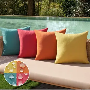 Pack of 4 Decorative Outdoor Throw Pillow Covers Linen Waterproof Farmhouse Cushion Cases for Patio Garden Tent Balcony Couch Sofa18x18 inch Red/Turquoise/Yellow/Orange. (Covers only, no inserts)