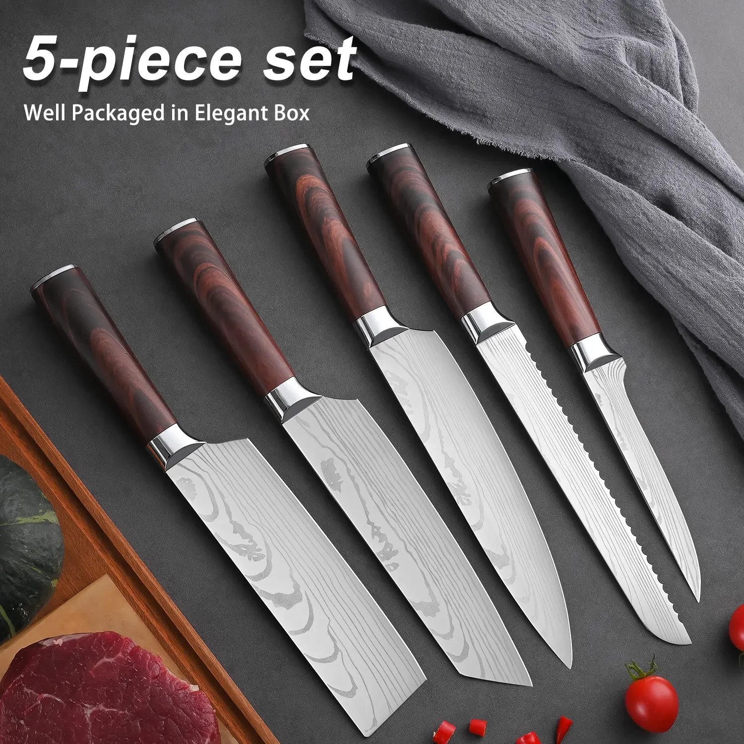 5-piece high-quality Japanese knife set with ergonomic handles - made of Damascus steel, ultra-sharp chef's knife, multi-purpose knife, and peeling knife, perfect kitchen cooking tools for slicing meat