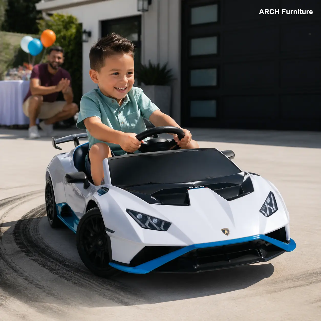24V ARCH Lamborghini Huracan Sto Style Kids Electric Drift Ride-On Car for 4-6 Years, Dual-Drive Suspension, Up to 9 km/h/5.59 MPH, 360° Spin, Foam Front Wheels, LED Lights, Dynamic Music, USB Port, Safety Harness, Children Development Outdoor Play Toy
