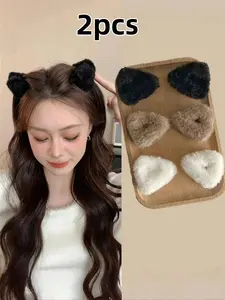 2pcs Women's Fall Winter Plain Fluffy Triangle Cat Ears Hair Clips, Super Cute Clips, Cute Bangs Clip, High Ponytail Claw Clip, Comfortable Daily Wear, Fuzzy Hair Clip