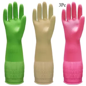 3 Pairs Rubber Dishwashing Gloves – 15" Long-Cuff Kitchen & Household Cleaning Gloves, Flexible, Durable & Non-Slip (Red, Yellow, Green, X-Large)