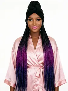 Extra Long 36Inch Synthetic Black Box Braided With Headband Elasticated Band Turban Hat Box Braiding Hair Extensions Head Scarf Easy Hairstyle Wigs For Black Women