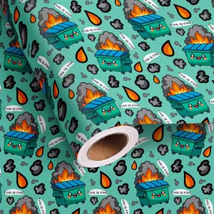 Funny Wrapping Paper Roll - Green Funny Dumpter Fire,This Is Fine Text Design  Wrap for Holiday Birthday White Elephant Party (Total 28.5 sq.ft)