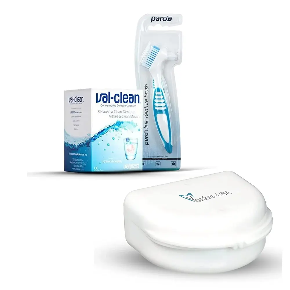 Paro Clinic Denture Brush & Val-Clean Denture Cleaner 12 Sachets with YourDent-USA Retainer Case – Complete 3 Piece Denture Cleaning Kit, Up to 1 Year Cleanser Supply for Partial Dentures, Dental Appliances & Night Guard Storage