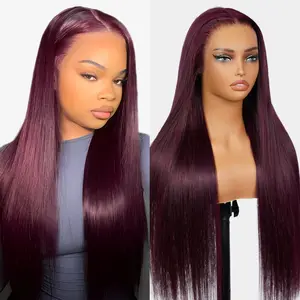 Megalook 13x6 Glueless Lace Front Human Hair Wig Pre-Cut Pre-Plucked Plum Color Deep Part Lace Silky Straight Three-Go Easy Install Wig SpringStatements