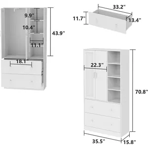 Hitow Wardrobe Armoire Closet with Mirror, 2 Door Wardrobe Cabinet with 2 Drawer & Extendable Hanging Rod, Bedroom Armoire Cabinet Clothing Organizer, Type A White (35.5" W x 15.8" D x 70.8" H)