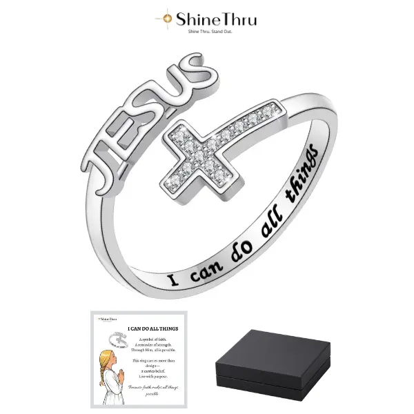Women's Engraved Cross Ring - 1pc Metal-Coated Adjustable Pinky Ring with English Bible Prayer "I Can Do All Things", Inspirational Accessory, Religious Motif Jewelry, Durable Everyday Wear, Gift for Birthdays/Religious Occasions, Female Costume Jewelry,s